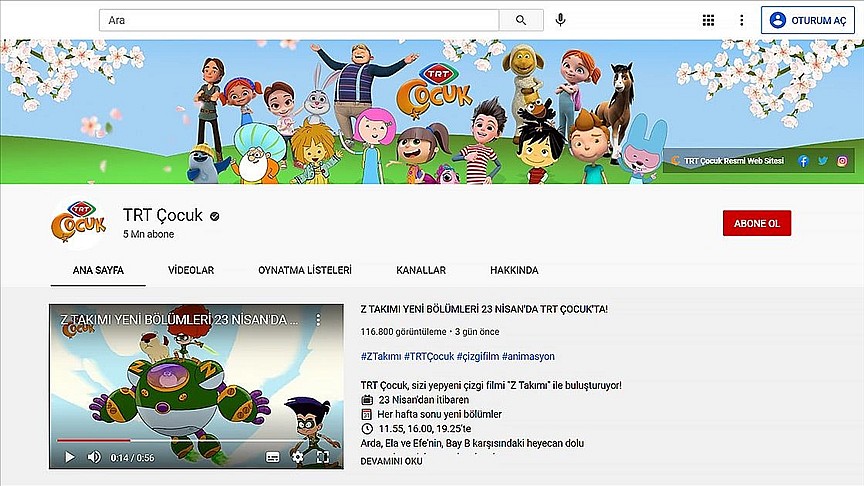 TRT Çocuk YouTube'da 5 milyon aboneye ulaştı