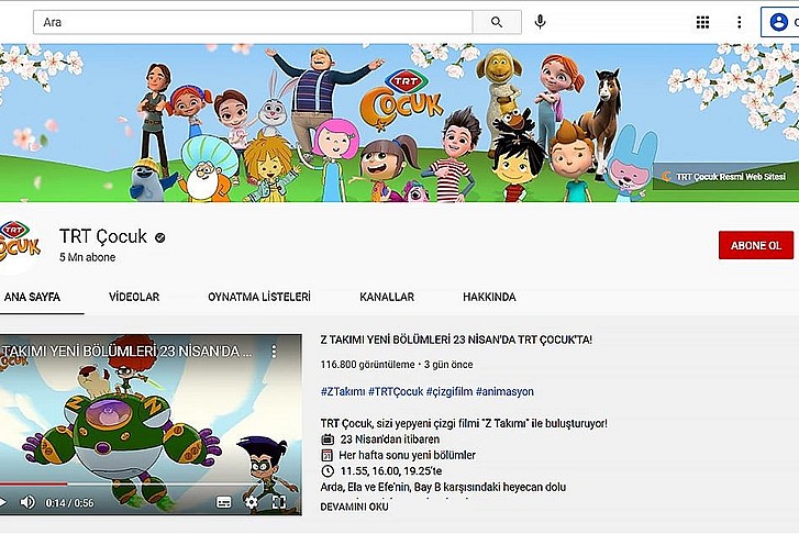 TRT Çocuk YouTube'da 5 milyon aboneye ulaştı